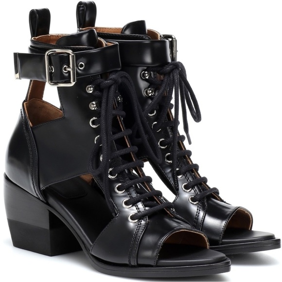 Chloé Rylee Cut-Out Leather Ankle Boot Heel Buckle Open-Toe Black EU 37.5 NIB - Picture 1 of 15